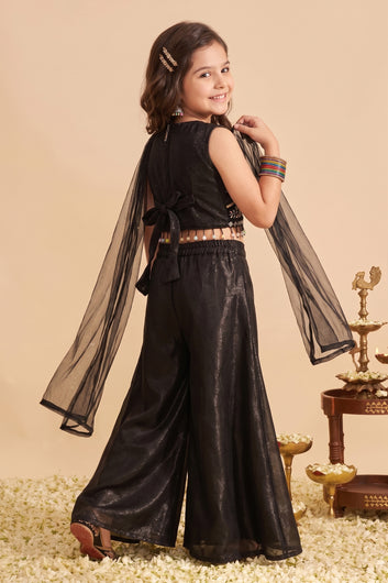 Baby Black Silk Blend Sequin Embroidery Crop Top and Flared Palazzo with Dupatta Ethnic Set