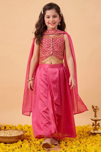 Girls Rani Embroidered Crop Top and Skirt With Dupatta For Festive wear