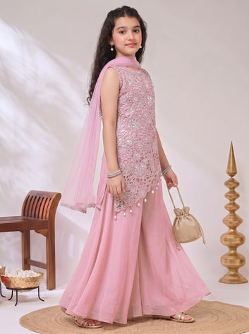 Girls Light pink Georgette Sequin Embroidered Cut Work Top and Palazzo With Dupatta Set Traditional Outfit For Girls