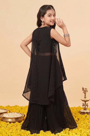 Girls Black Silk Blend Sequin Bead Embroidered Crop Top and Palazzo With Shrug Ethnic Set