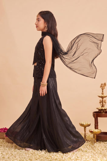 Girls Black Silk Blend Embroidered Top and Palazzo With Dupatta For Trendy Ethnic Set