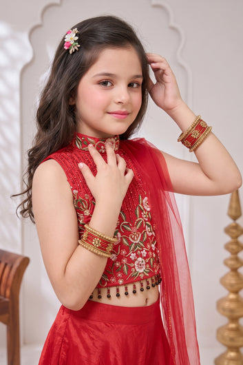 Girls Rani Silk Blend Embroidered Crop Top and Palazzo with Dupatta Set For Festive Wear
