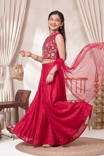 Girls Rani Silk Blend Sequin Embroidered Crop Top and Palazzo With Dupatta Set For Indian Outfit