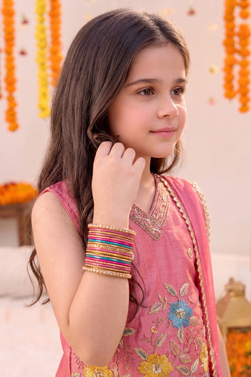 Girls Pink Silk Blend Floral Embroidery Top and Palazzo With Dupatta For Festive Wear