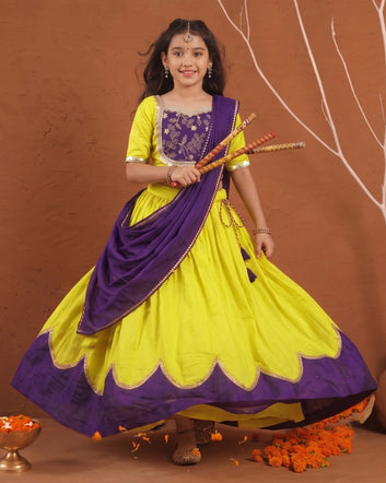 Girls Yellow Silk Blend Floral Embroidered Lehenga Choli With Dupatta Set for festive look