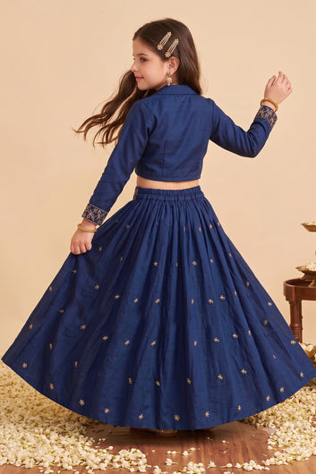 Girls Navy Blue Silk Blend Floral Embroidered Lehenga and Choli Set For Traditional Look