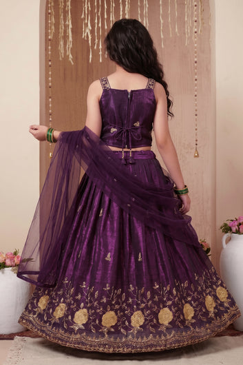 Girls Purple Silk Blend Embroidered Lehenga and Choli with Net Dupatta Kids Festive Wear