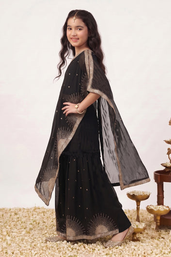 Girls Black Silk Blend Ethnic Motifs Kurta and Palazzo With Dupatta For Asymmetrical Cape-Style kurta Set