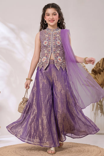 Girls Purple Silk Blend Top And Palazzo With Dupatta Set For Ethnic Wear