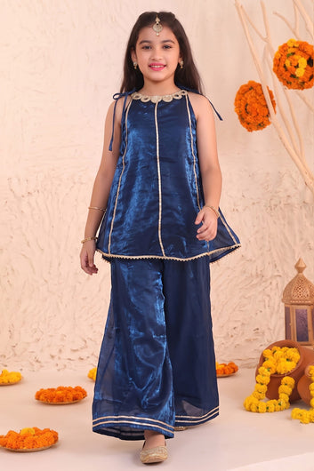 Girls Dark Blue Embroidered Top and Palazzo With Dupatta Set Ethnic outfit for girls
