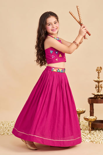 Girls Rani Silk Blend Mirror work Embroidered Lehenga and Choli Set For Traditional Look