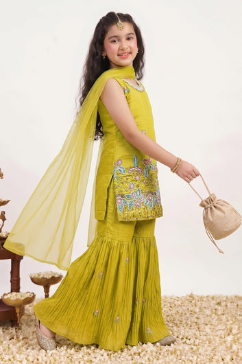Girls Yellow Silk Blend Floral Embroidered Crop Top and Sharara With Dupatta Set For Trendy Look