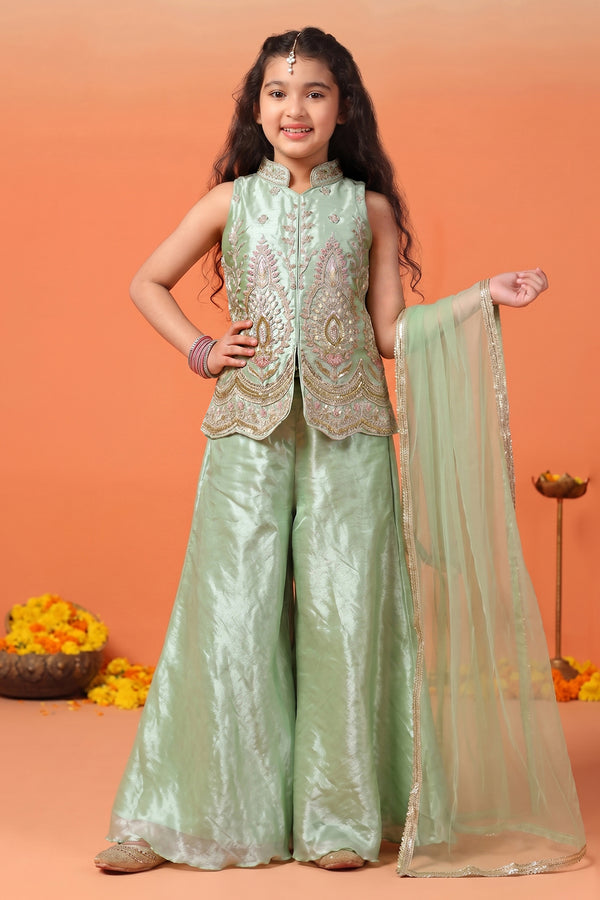 Girls pista Silk Blend Bead Embroidered Top and Palazzo with Dupatta Girls Festive Wear