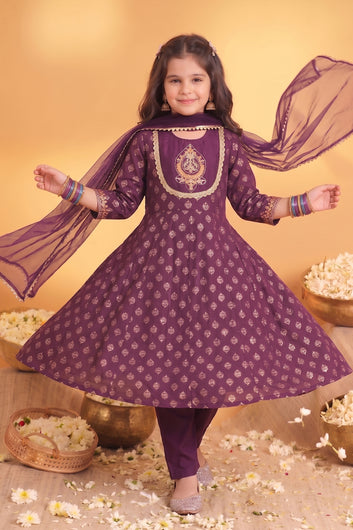 Girls Purple Silk Blend Kurta and Pant With Net Dupatta Set For Festive Look