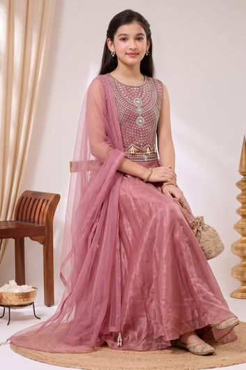 Girls Light Pink Silk Blend Sequin Bead Work Crop Top and Palazzo With Dupatta Set For Stylish Look
