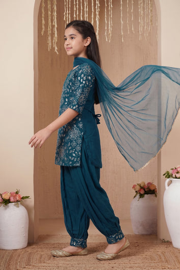 Girls Rama Silk Blend Sequin Embroidered Salwar Suit Set With Dupatta Trendy Kurta Set For Kids