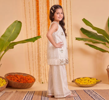 Girls White Silk Blend Bead Embroidered Work Top and Palazzo For Festive Outfit