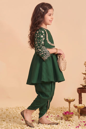 Girls Bottle Green Roman Silk kurta Dhoti Pant Set Ethnic Wear