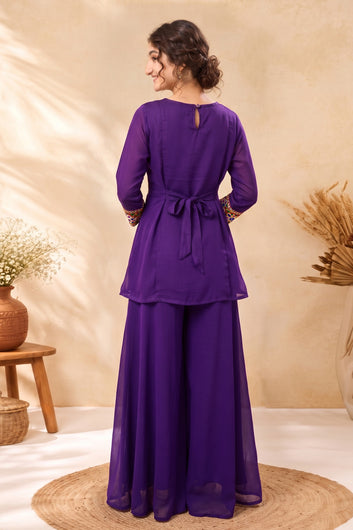 Girls Violet Silk Blend Embroidered A-line Kurta and Palazzo Set For Traditional Look