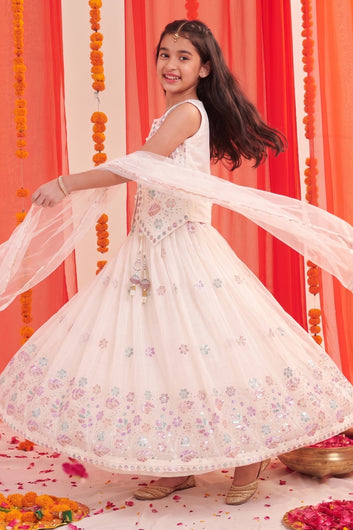 Girls White Silk Blend Festive Wear Embroidered Lehenga Set with Sleeveless Choli & Dupatta