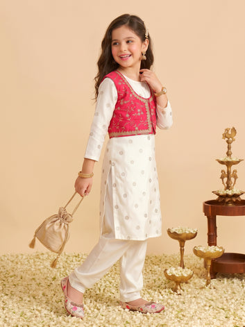 Girls Off White Silk Blend Embroidered Kurta with Koti and Pyjama Ethnic Set