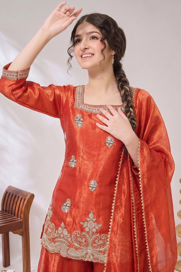 Girls Rust Embroidered Kurta and Palazzo With Dupatta For Festive wear