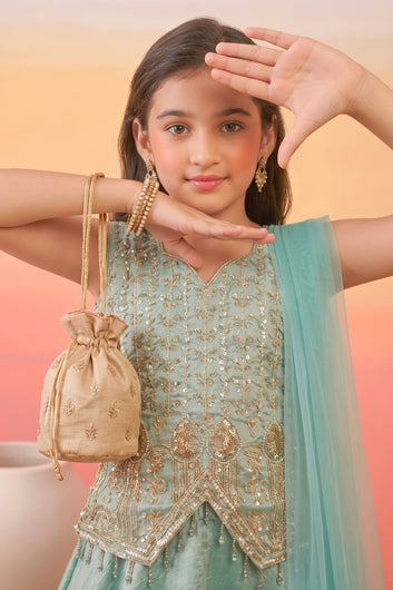 Girls Olive Silk Blend Sequin Bead Work Crop Top and Palazzo With Dupatta Set For Ethnic Outfit