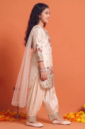 Girls White Silk Blend Floral Sequin Embroidered Kurta and Salwar Set with Dupatta
