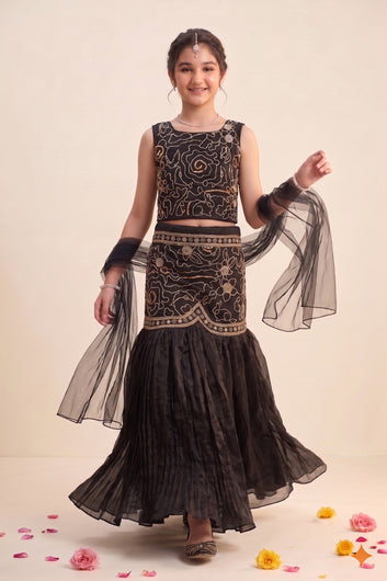 Girls Black Silk Blend Bead Embroidery Lehenga Choli With Dupatta Ethnic Set
