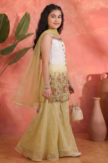 Girls White Silk Blend Sequin Embroidered Kurta and Palazzo with Inner Top, Dupatta Set For Festive Wear