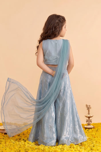 Baby Blue Silk Blend Embroidered Scalloped Hem Top and Flared Palazzo with Dupatta Set