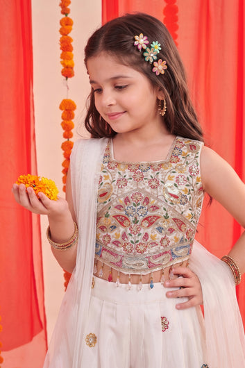 Baby Off-White Silk Blend Sequin Embroidered Crop Top and Palazzo Set with Net Dupatta For Party Wear Ethnic Outfit