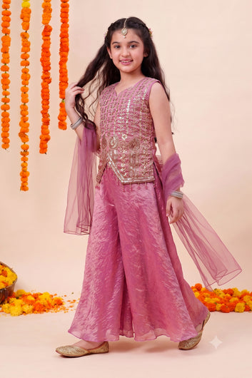 Girls Peach Silk Blend Bead Embroidery Top and Palazzo With Dupatta Ethnic Set