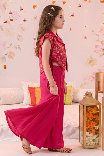 Girls Pink Silk Blend Floral Embroidered Crop Top Inner and Jacket with Palazzo For Ethnic Look