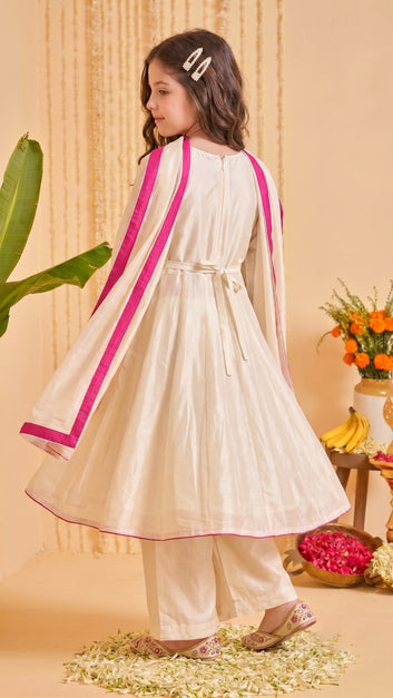 Girls Off White Silk Blend Floral Embroidery Kurta and Palazzo With Dupatta Traditional Ethnic Set