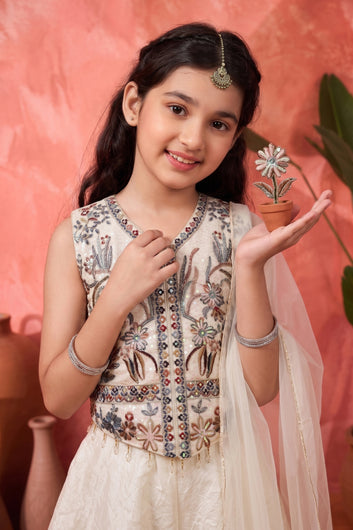 Girls White Silk Blend Floral Embroidered Crop Top and Palazzo With Dupatta Stylish Ethnic Set