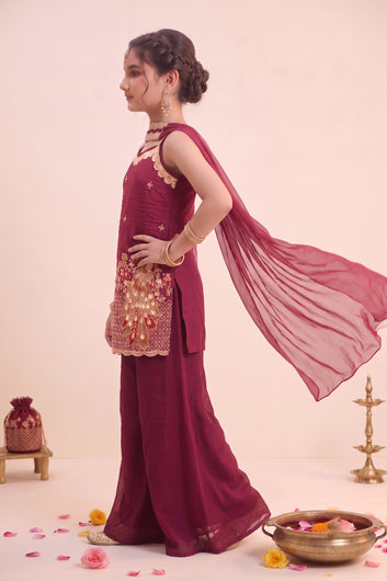 Girls Maroon Silk Blend Kurta And Palazzo With Dupatta Set For Traditional Look