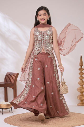 Girls Rust Silk Blend Sequin Bead Work Crop Top and Palazzo With Dupatta Set For Festive Wear