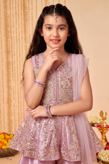 Girls Lavender Silk Blend Ethnic Wear Palazzo Set with Sequin Bead Embroidery Work - Peplum Kurta, Flared Palazzo & Dupatta