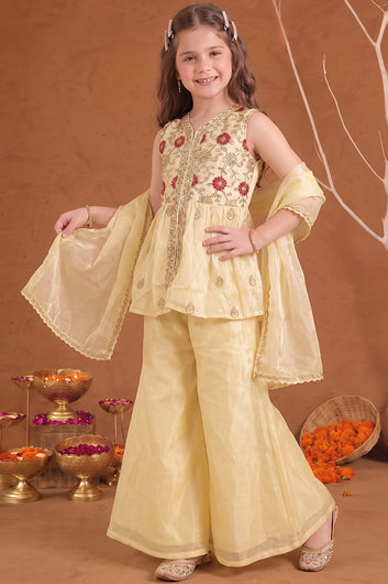 Girls Off white Embroidered Kurta and Palazzo With Dupatta Set For Ethnic Wear