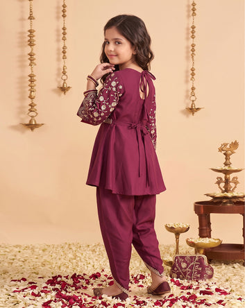 Girls Dark Purple Silk Blend kurta and Dhoti Pant Ethnic Wear