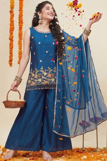 Girls Rust Silk Blend Embroidered Kurta and Palazzo With Dupatta Set For Party Wear