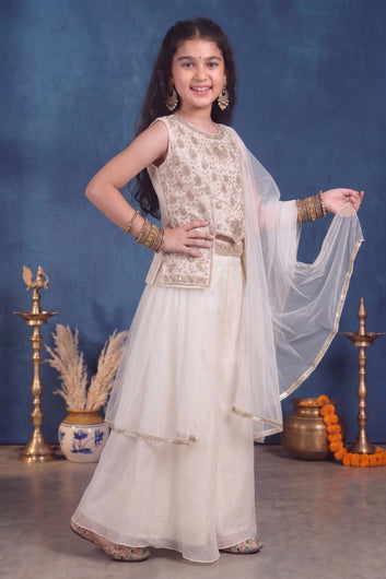 Girls White Silk Blend Embroidered Top and Palazzo With Dupatta Ethnic Set