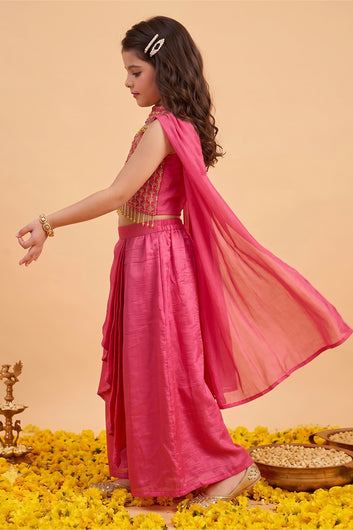Girls Rani Embroidered Crop Top and Skirt With Dupatta For Festive wear