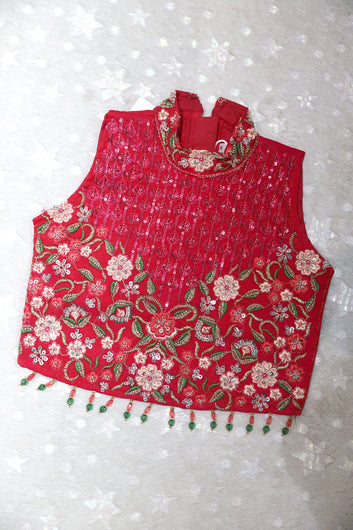 Girls Rani Silk Blend Embroidered Crop Top and Palazzo with Dupatta Set For Festive Wear