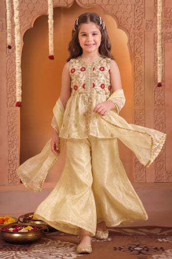 Girls Off white Embroidered Kurta and Palazzo With Dupatta Set For Ethnic Wear