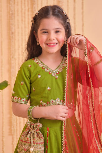 Girls Mehndi Roman Silk Embroidered Lehenga Choli With Dupatta Set Traditional 3-Piece Festive Outfit for Kids