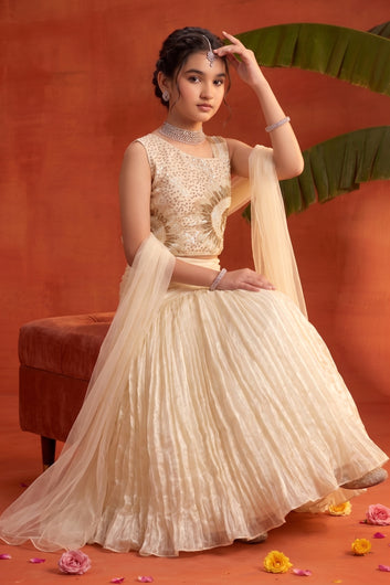 Girls White Silk Blend Fish Cut Lehenga With Bead Embroidered Sleeveless Choli with Dupatta