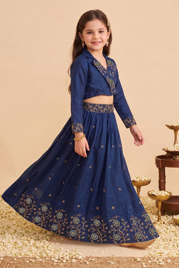 Girls Navy Blue Silk Blend Floral Embroidered Lehenga and Choli Set For Traditional Look