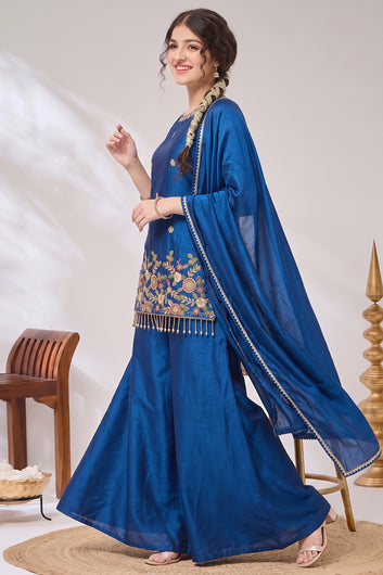 Girls Rust Silk Blend Embroidered Kurta and Palazzo With Dupatta Set For Party Wear